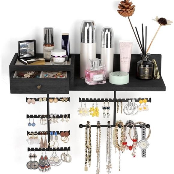 Jewelry Organizer Hanging Wall Mounted Jewelry Holder with Rustic Wood Black